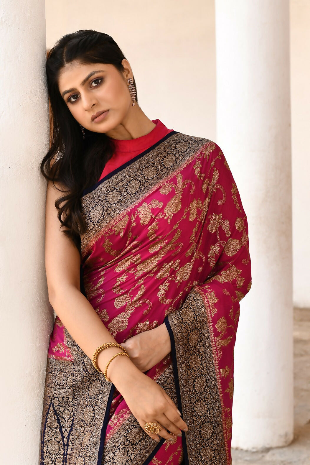 Hot Pink Crepe Chiffon Pure Handloom Banarasi Silk Saree