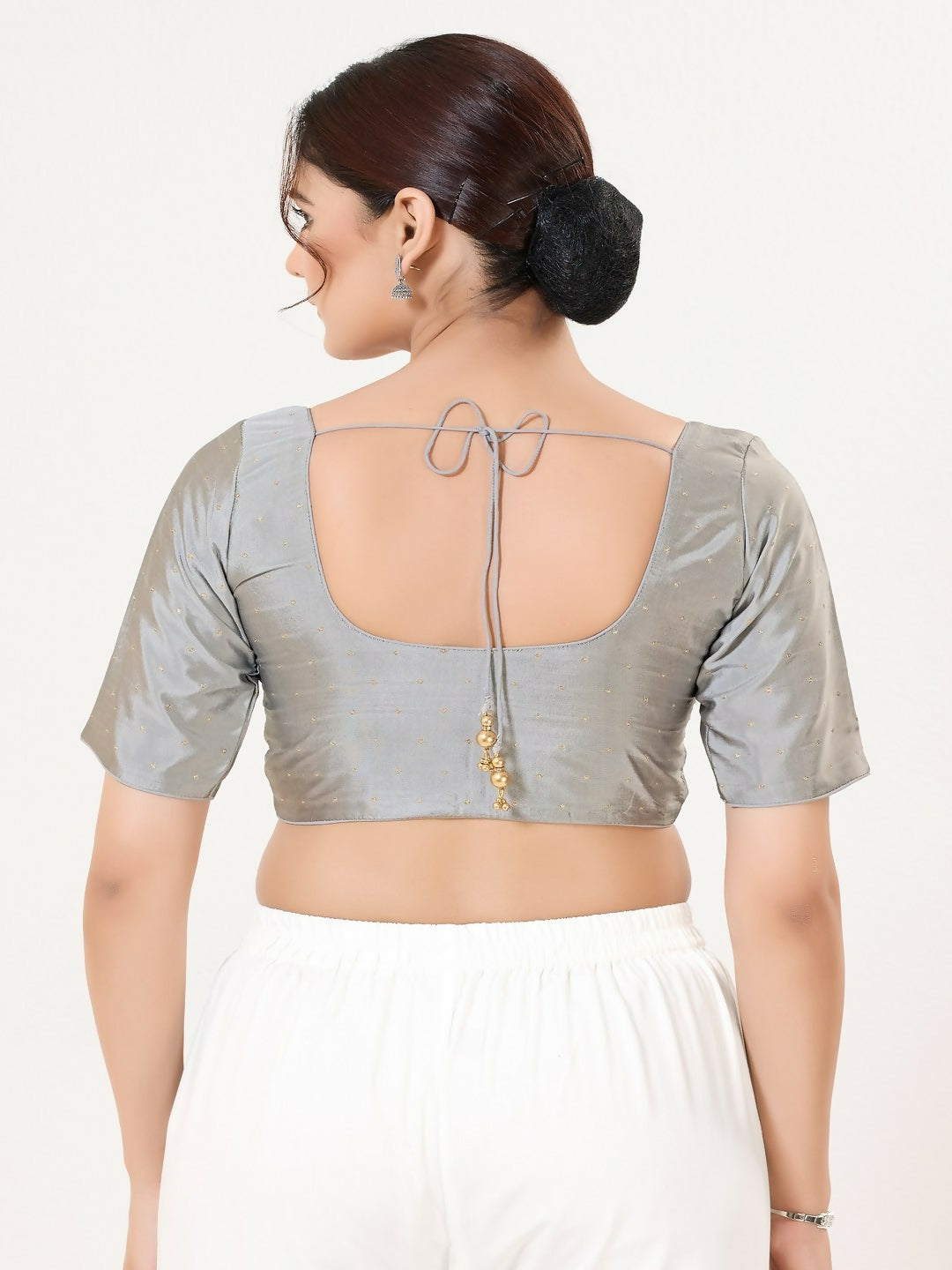 Grey Taffeta Silk Sleeveless Front Open Blouse with Round Neck