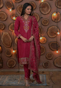 Elegant pink silk kurti set featuring intricate embroidery and a classic, stitched fit.