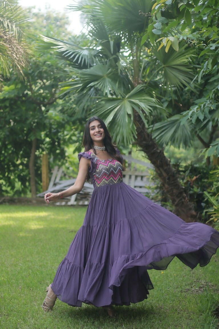 Wine Sequins Thread Embroidery Faux Georgette Anarkali Dress