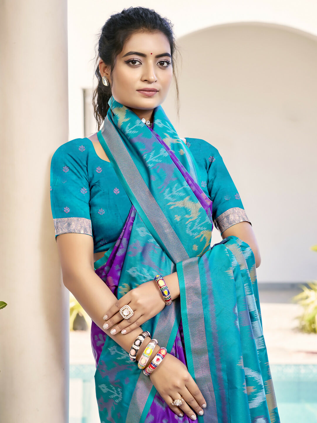 Violet Pochampalli Silk Saree with Abstract Patterns