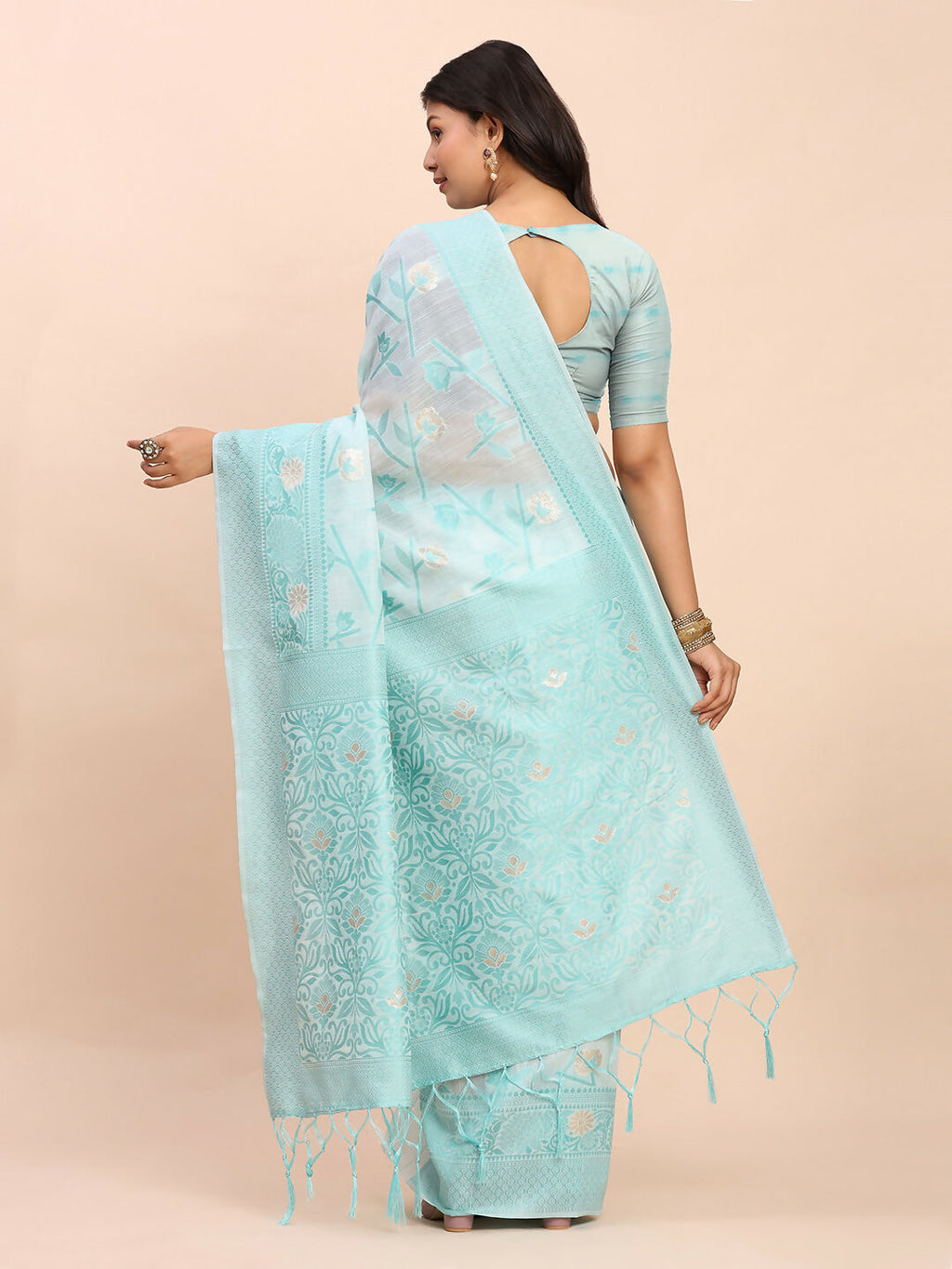 Classic Sky Blue Linen Cotton Saree with Matching Blouse