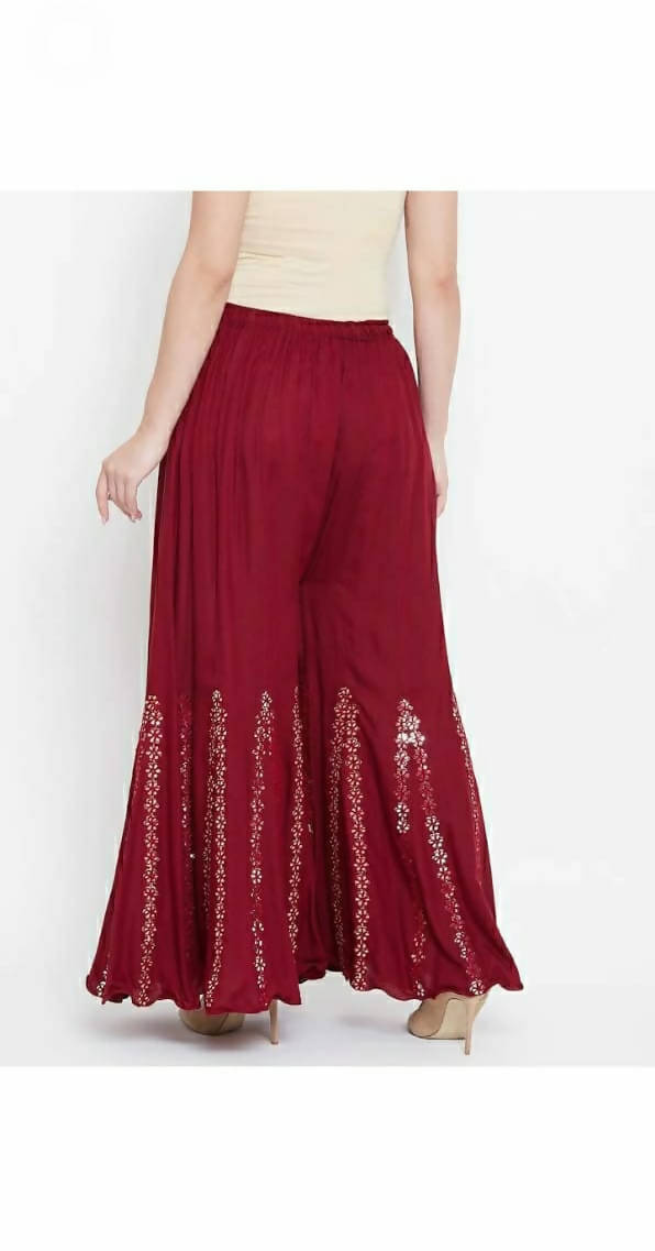 Maroon Mirror Work Palazzo Pants - Flowy Wide Leg Ethnic Bottoms