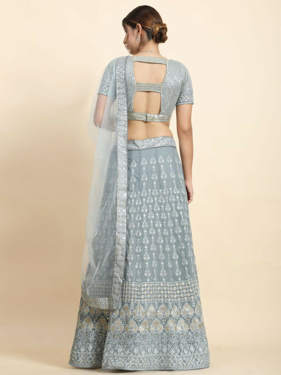 Grey Georgette 3MM Sequins and Zari Embroidered Lehenga Choli