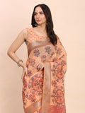 Beautiful vibrant orange linen cotton saree with matching blouse piece