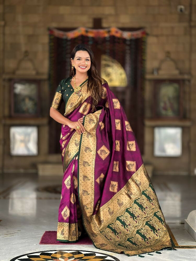 Wine Soft Banarasi Silk Saree with Zari Weaving and Meenakari