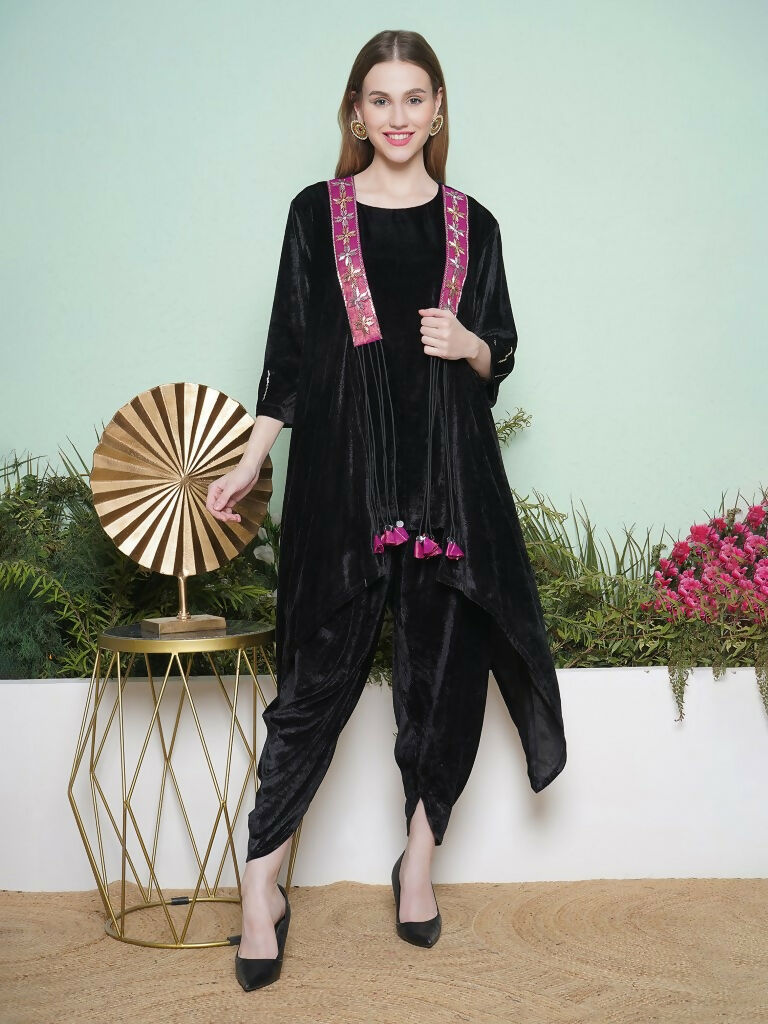 Black Dhoti Salwaar Set with Hand Embellished Velvet Jacket