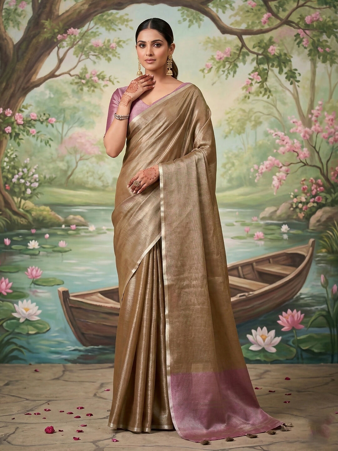 Elegant brown tissue silk saree with matching blouse fabric for special occasions