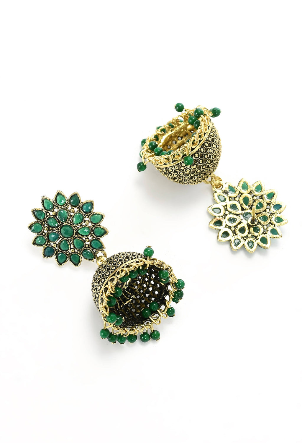 Kundan Work Jhumka Earrings with Green Beads for Girls and Women