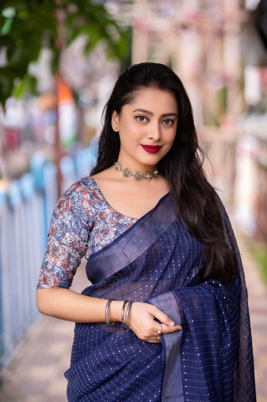 Blue Linen Sequence Saree with Unstitched Blouse - Hiral Fashion