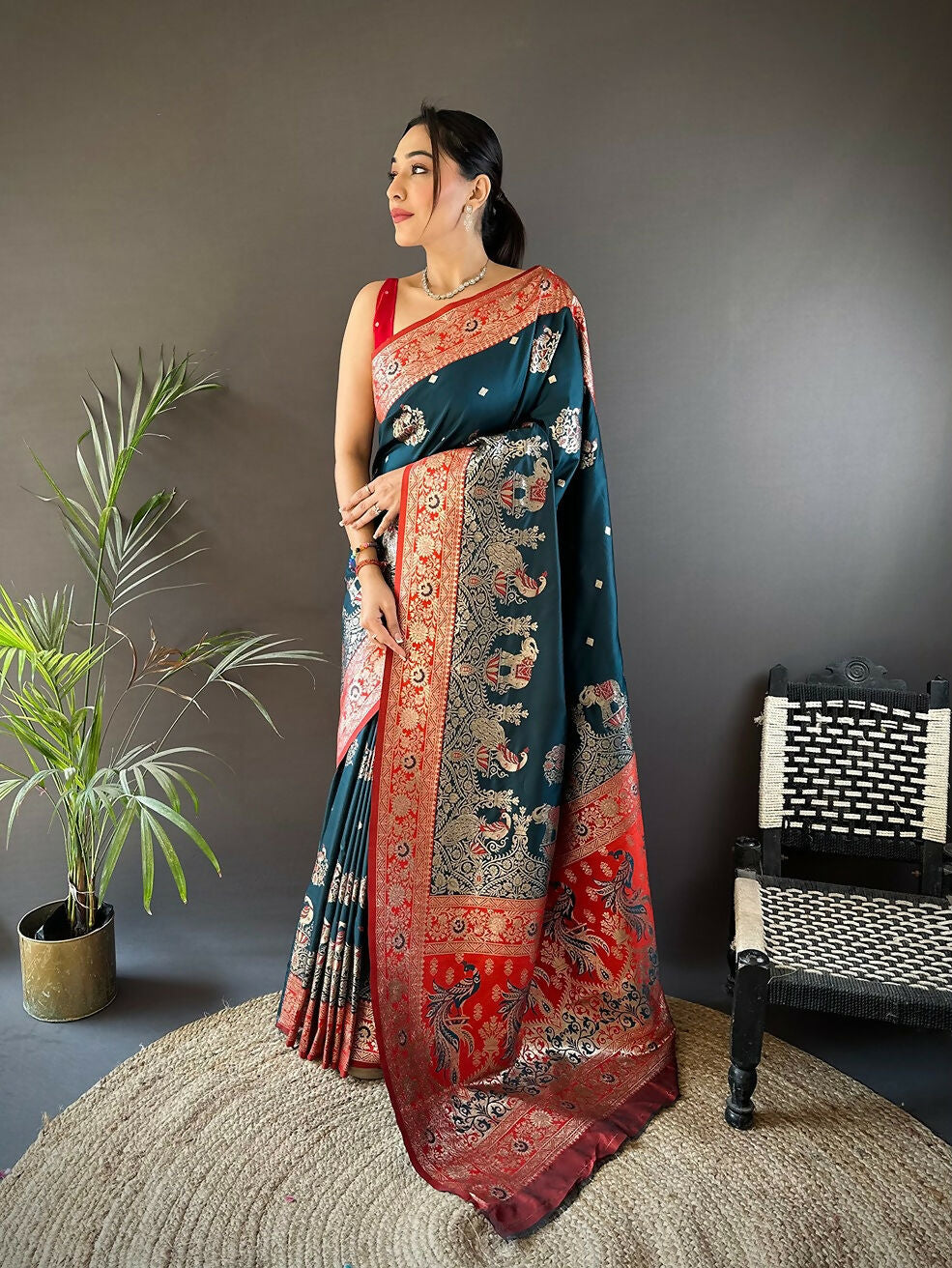 Red Meenakari Peacock Paithani Saree in soft silk with traditional peacock motifs