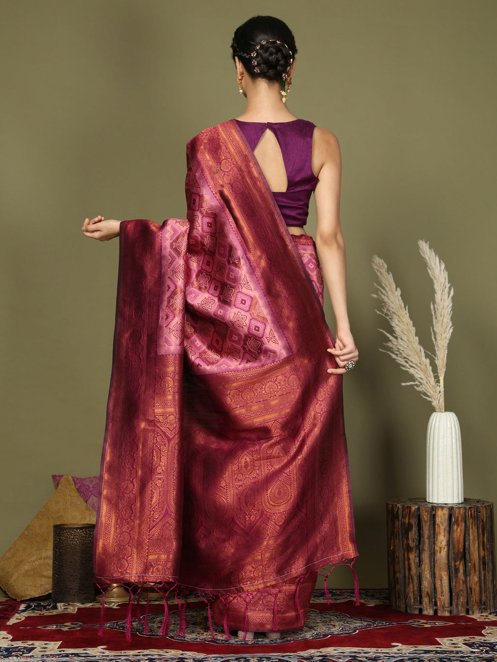 Light Pink Lichi Silk Saree with Magenta Blouse