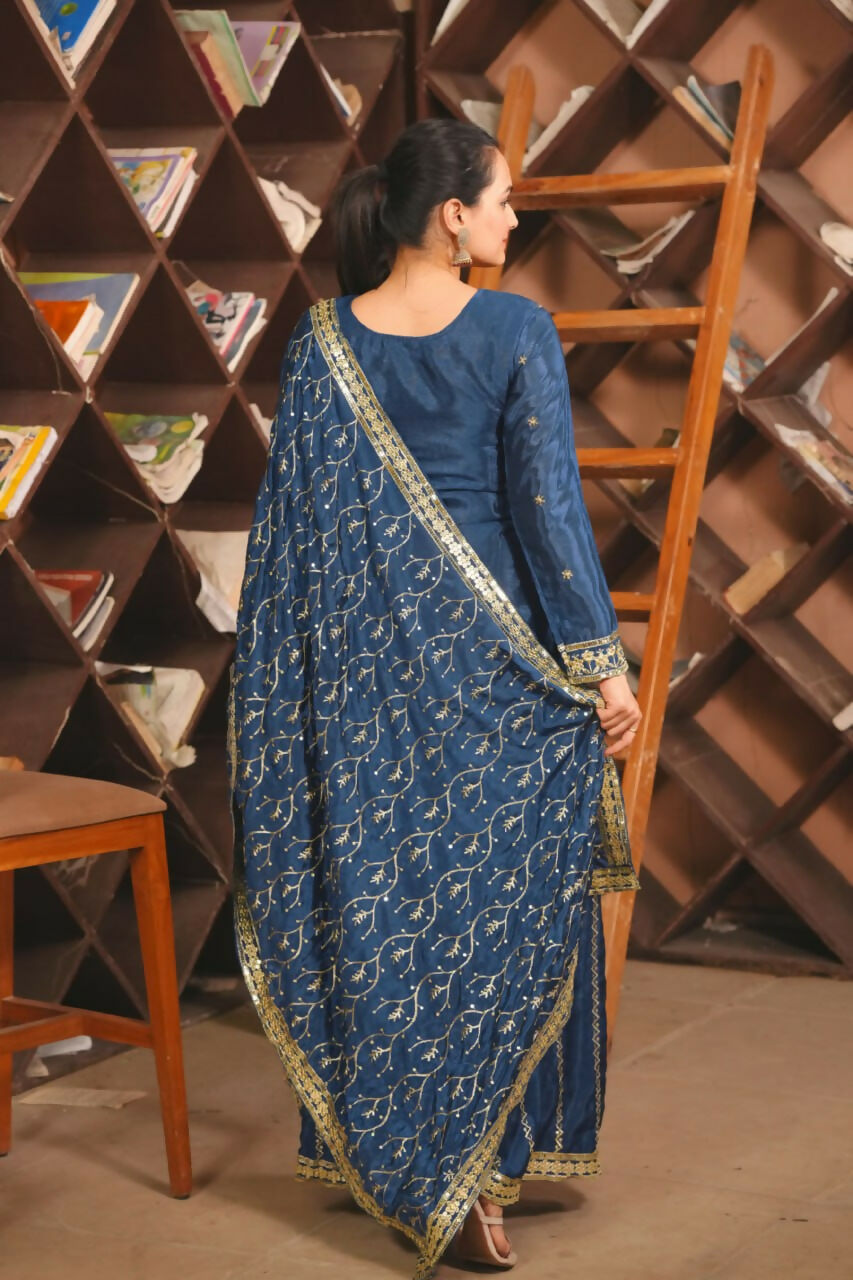 Blue Silk Embroidered Sharara Set with Stitched Kurti for Women
