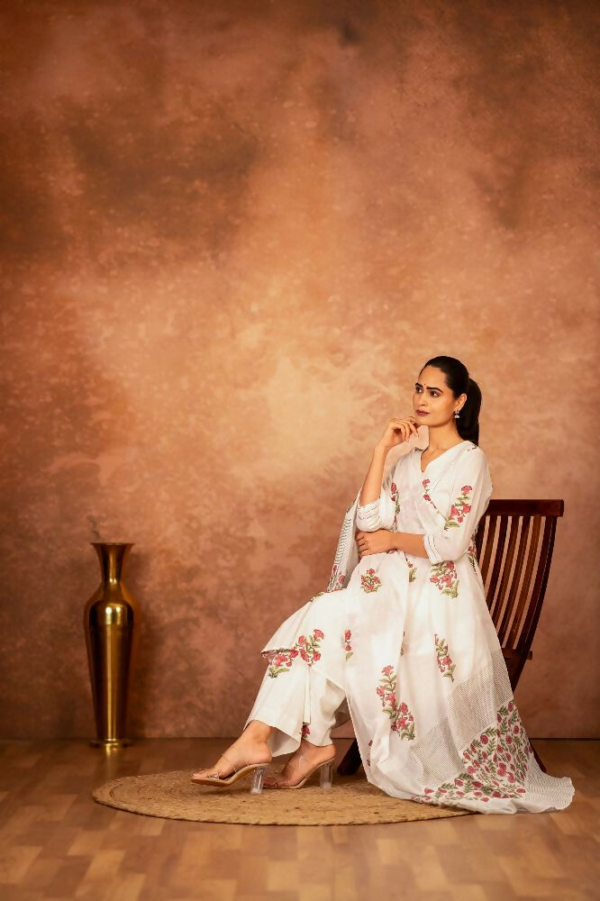 Off White and Pink Hand Block Printed Cotton Suit Set