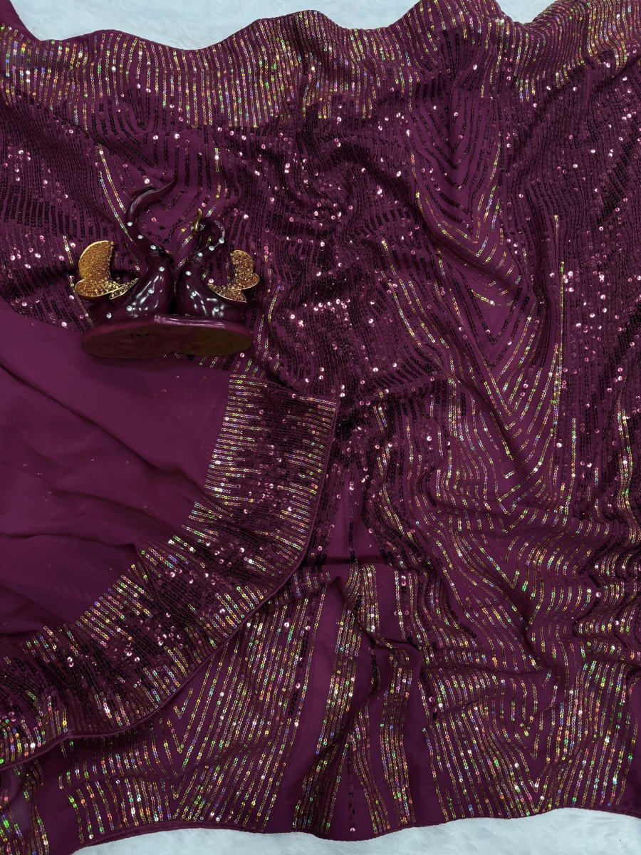 Wine Georgette Saree with Sequins and Banglori Silk Blouse