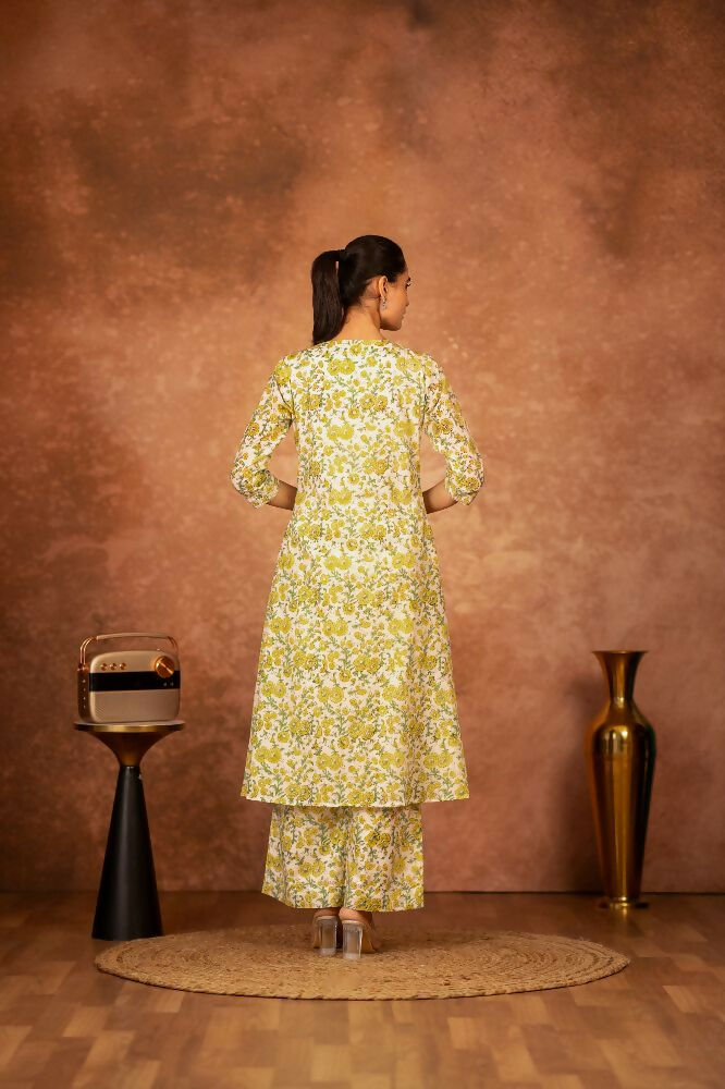 Yellow Hand Block Printed Cotton Suit Set for Women