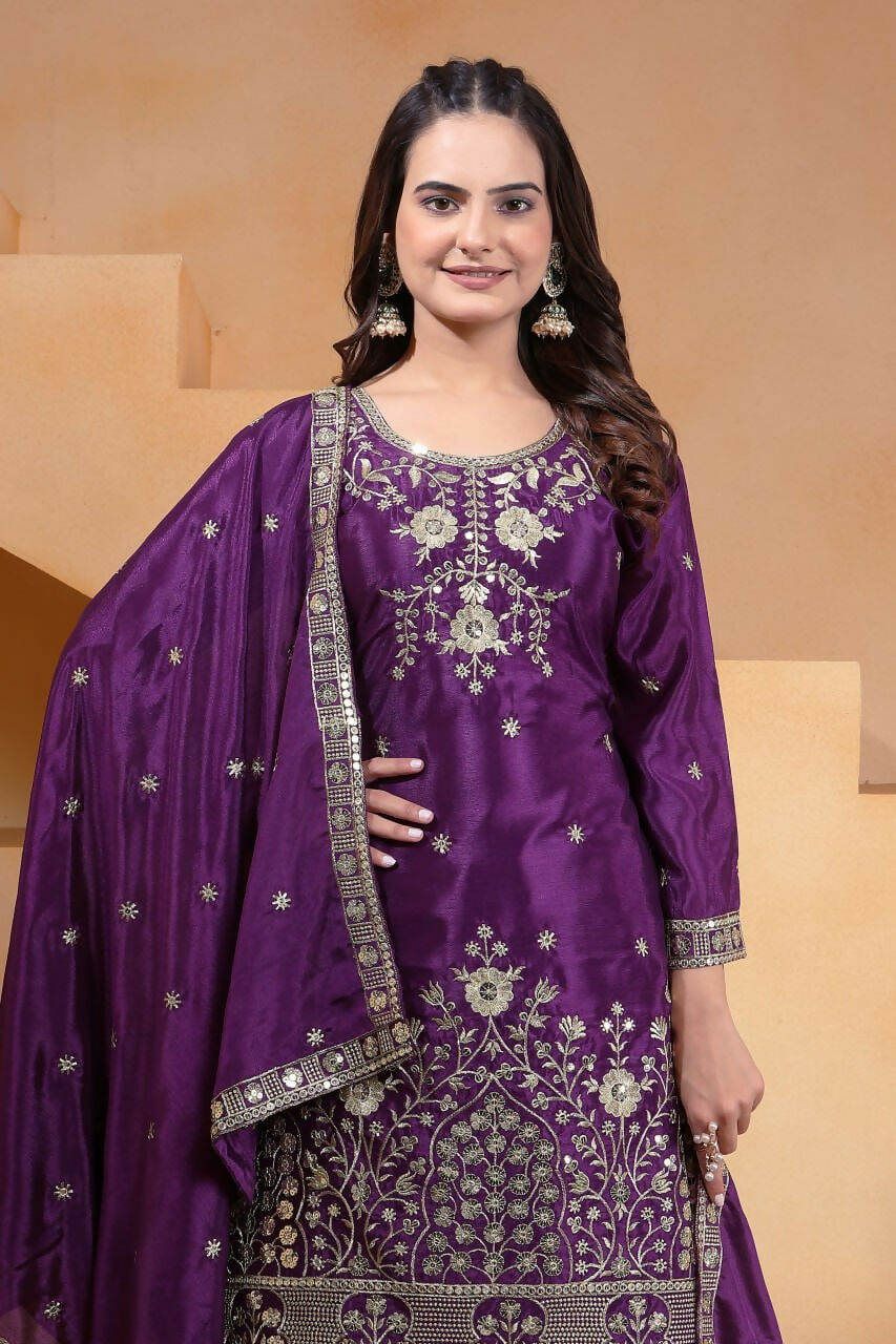 Purple Silk Embroidered Sharara Set with Intricate Detailing