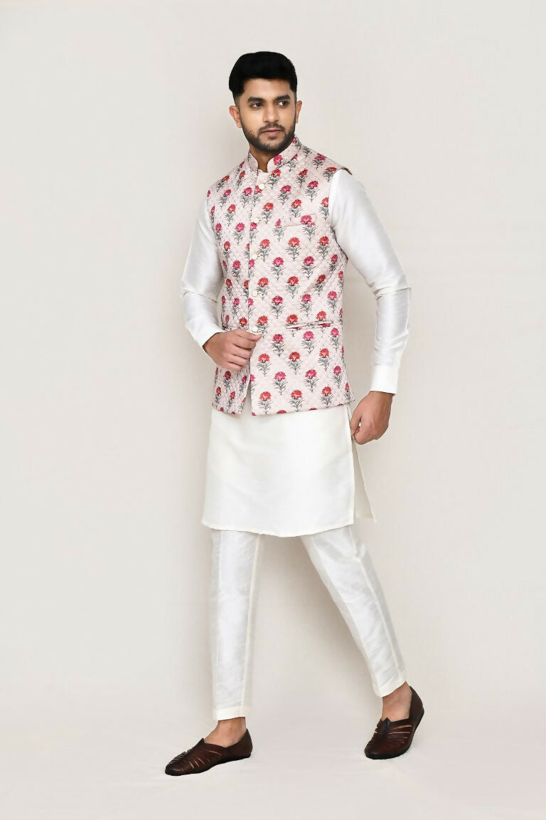 White Art Silk Kurta Set with Matching Jacket and Straight Pants