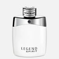 Montblanc Legend Spirit men's fragrance featuring a sleek white and silver bottle design.