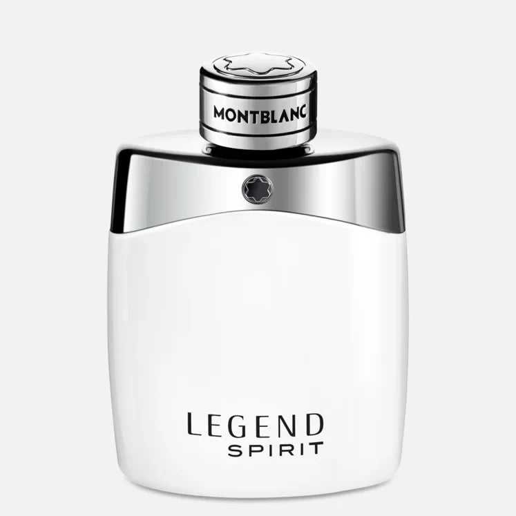 Montblanc Legend Spirit men's fragrance featuring a sleek white and silver bottle design.