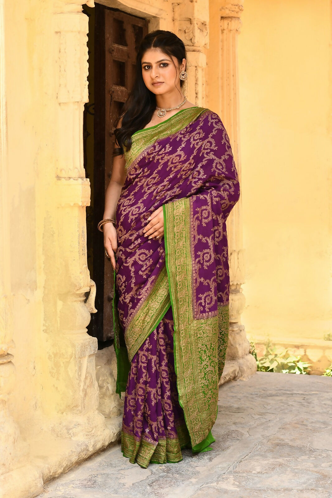 Purple Crepe Chiffon Pure Handloom Banarasi Silk Saree