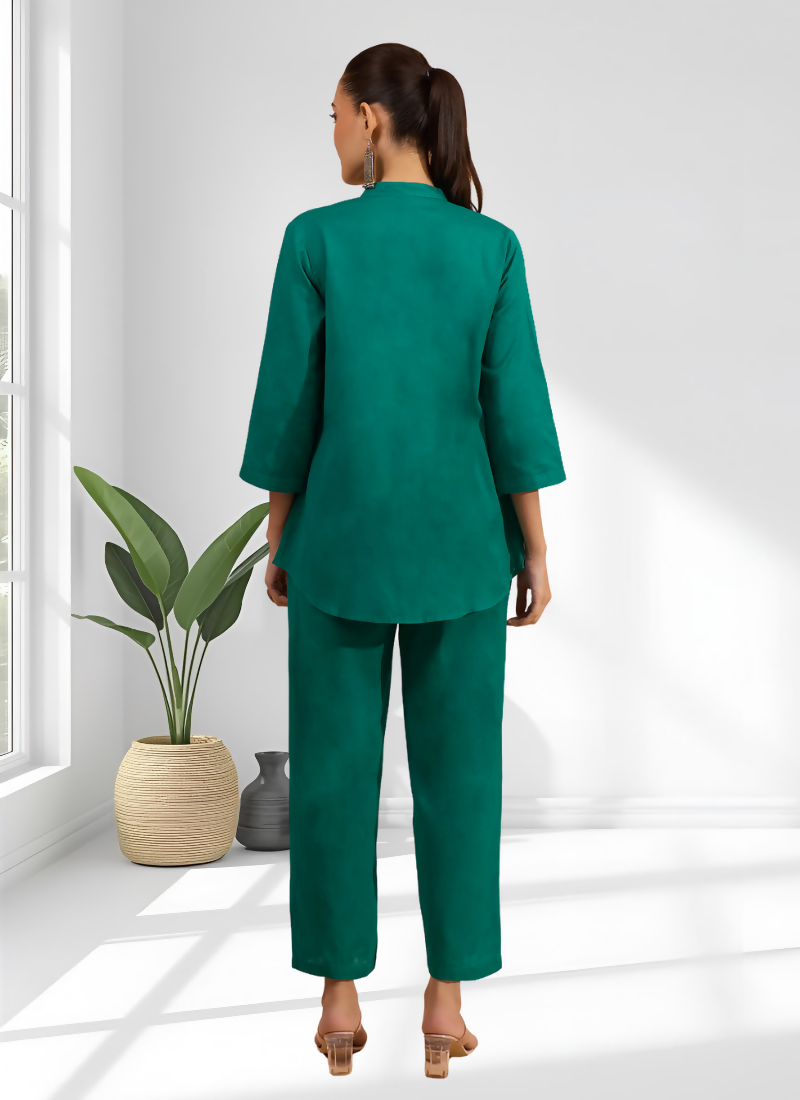 Green Cotton Linen Embroidered Cord Set for Festive Wear