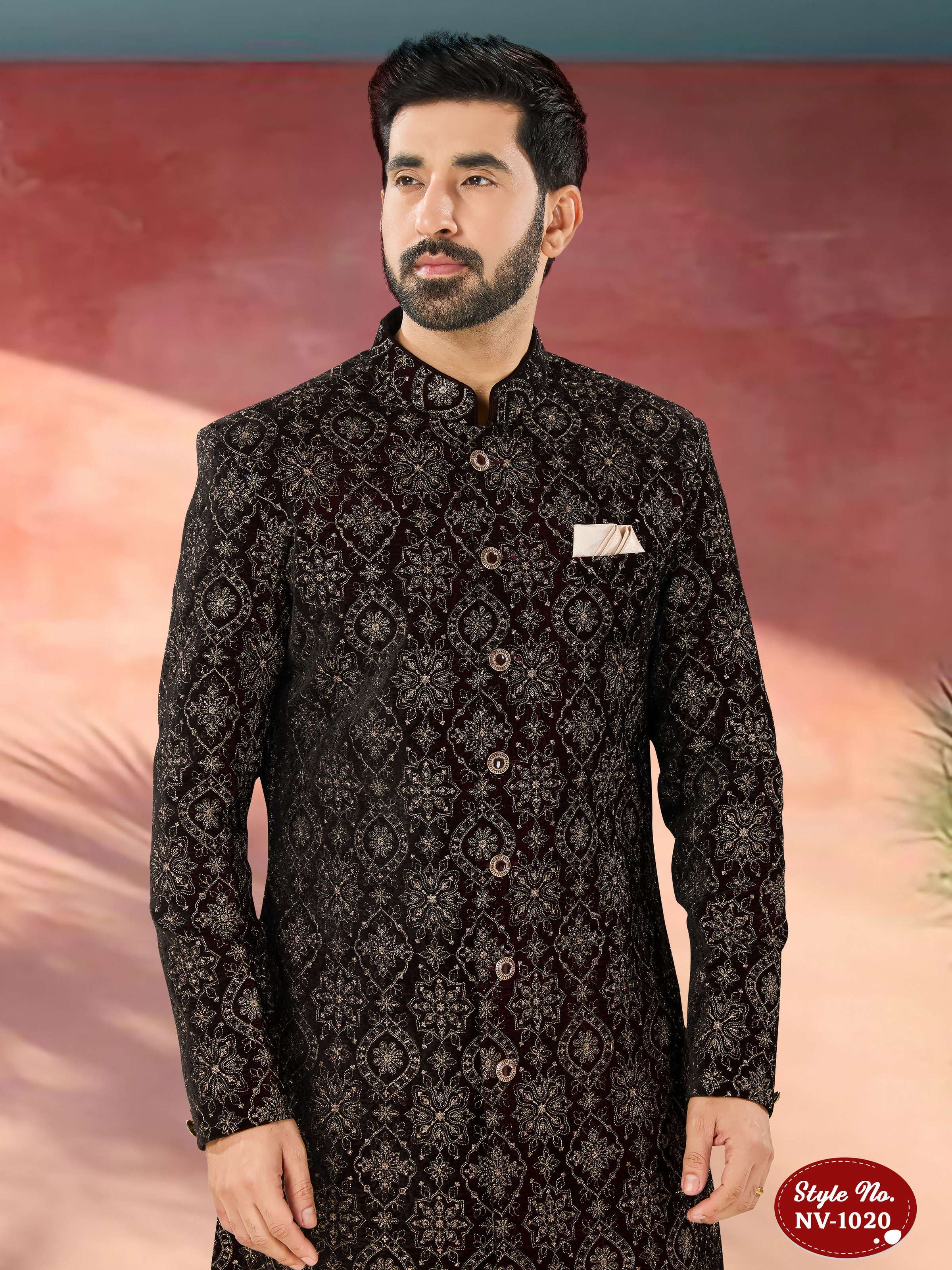 Men's Marron Velvet Indo-Western Kurta Set with Thread Sequence Work