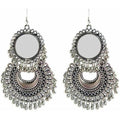 Sun and moon design oxidized silver hanging earrings with mirror accents for parties