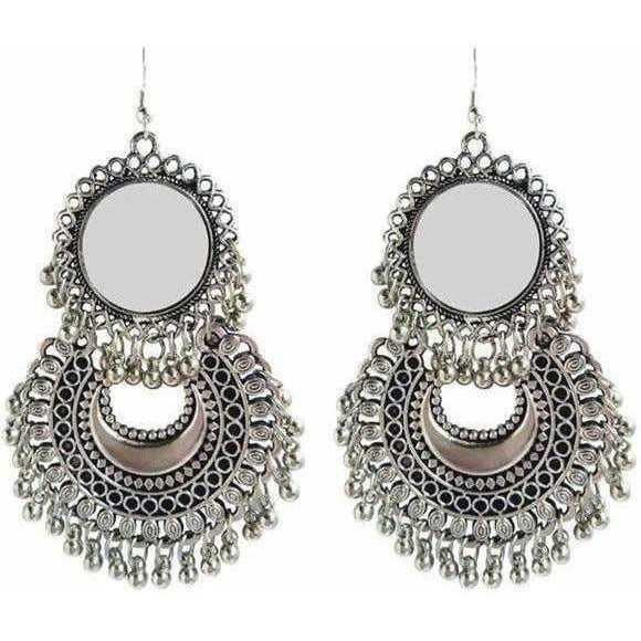 Sun and moon design oxidized silver hanging earrings with mirror accents for parties