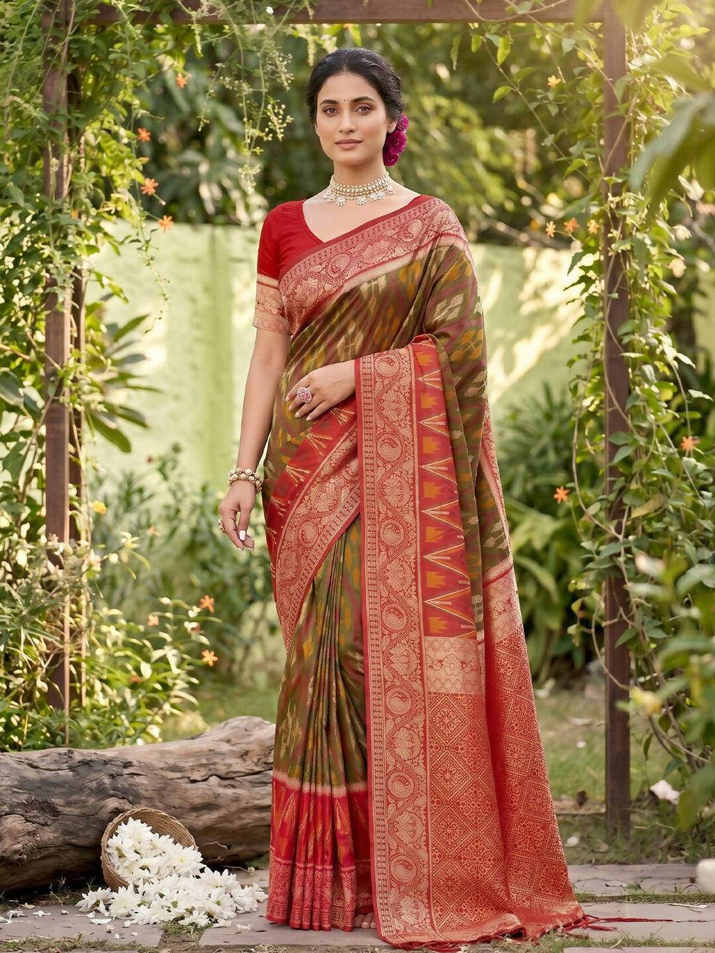 Mehndi soft silk saree with smooth texture and matching blouse piece