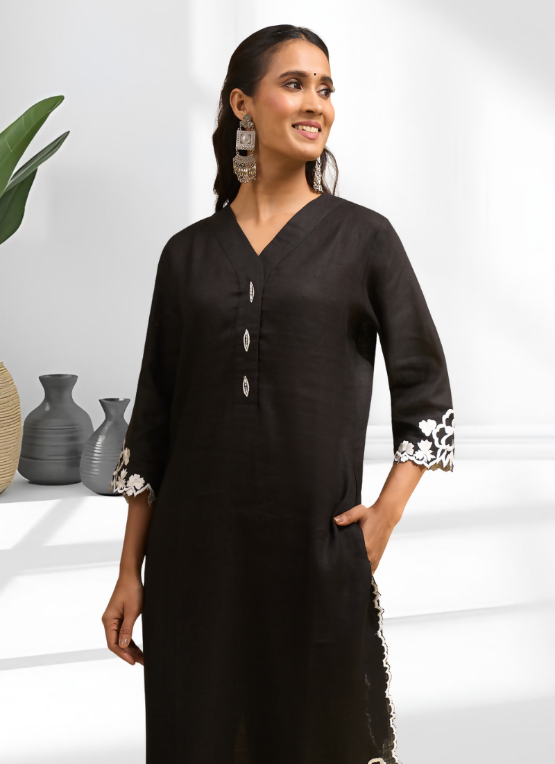 Black Embroidered Linen Long Kurta Set with Matching Pant
