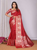 Vibrant red woven Banarasi soft silk saree with unstitched blouse