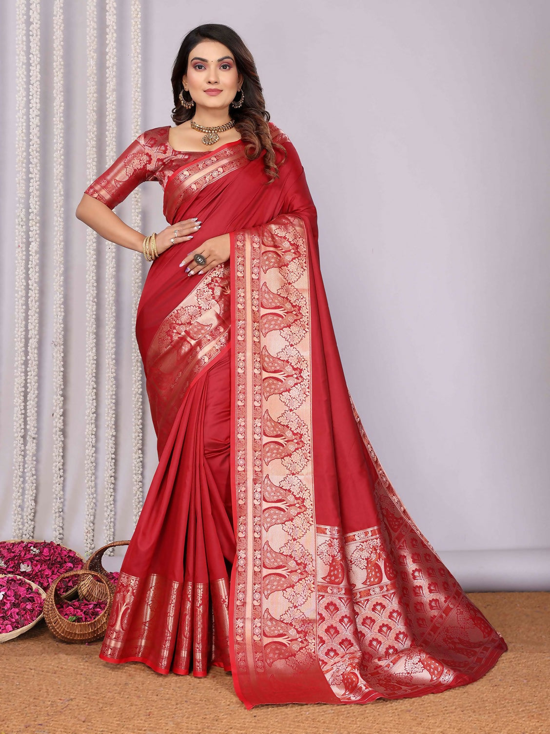 Vibrant red woven Banarasi soft silk saree with unstitched blouse