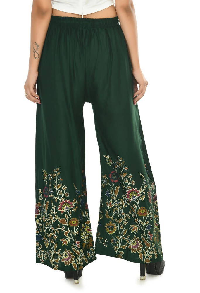 Bottle Green Floral Palazzo Pants in Soft Rayon Cotton Blend