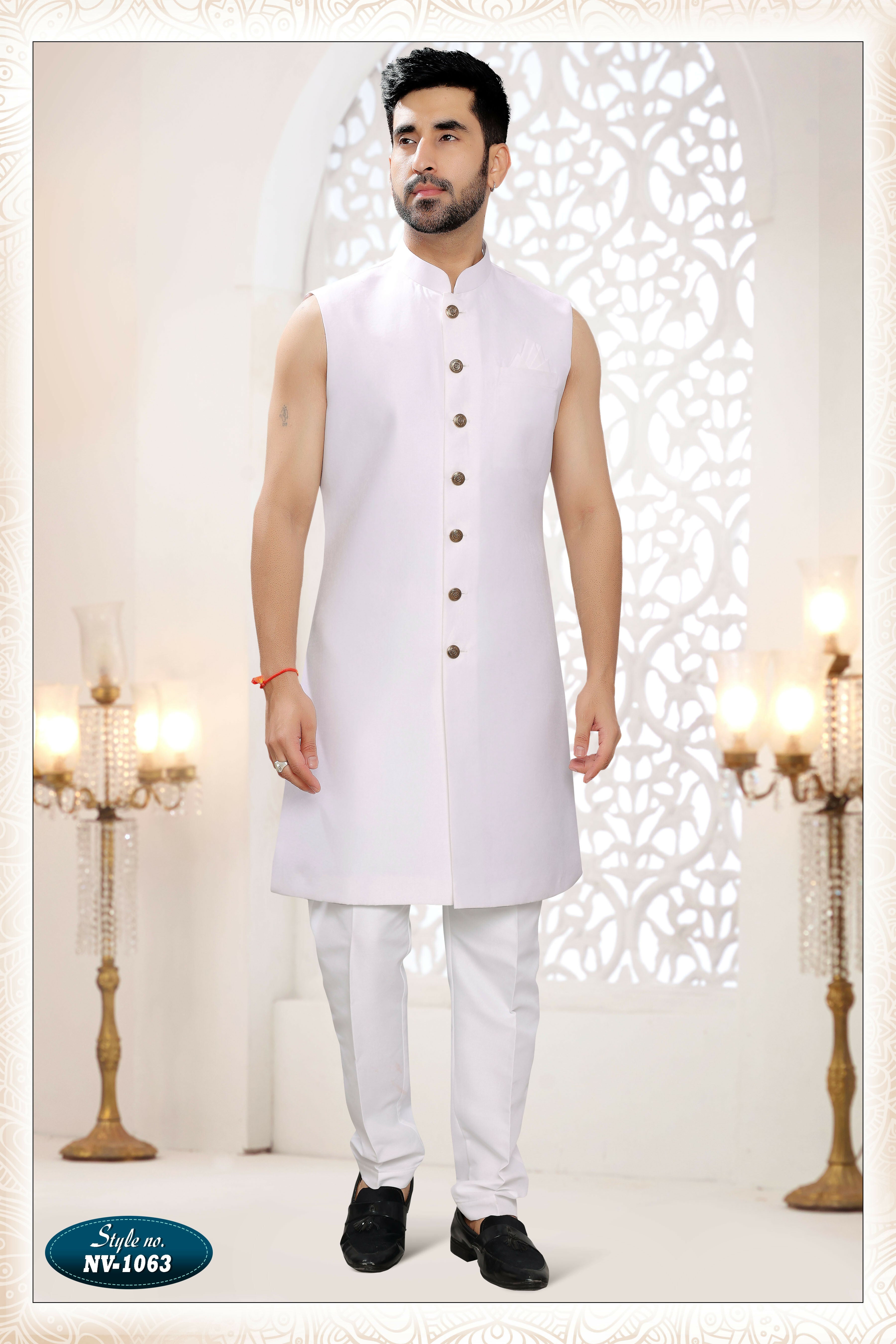 Men's White Straight Silk Kurta Set with Thread and Sequence Work