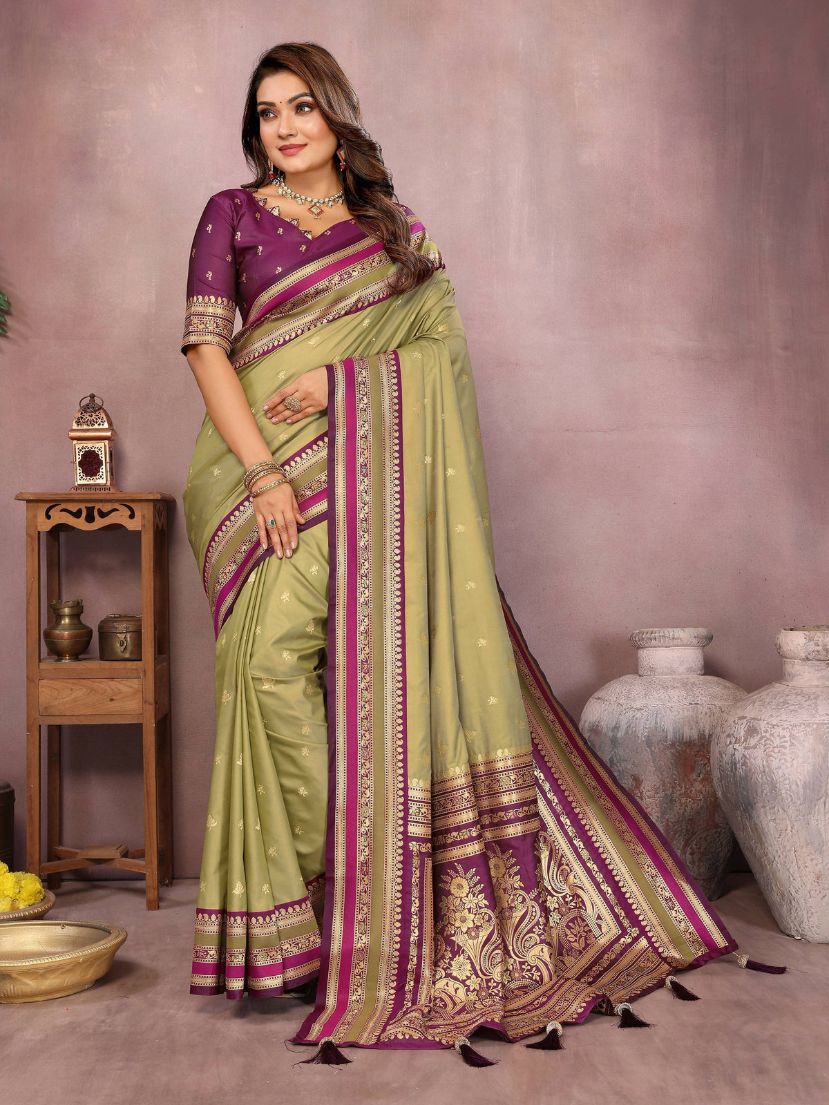 Mehndi Kalamkari Silk Saree with traditional weaving patterns