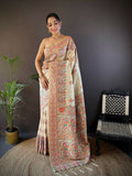 Joban Fashion White Meena Weaves Pashmina Sarees