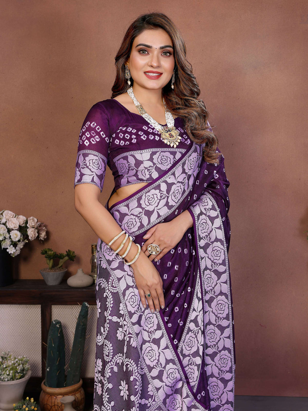 Purple Viscose Silk Handmade Original Bandhej Saree
