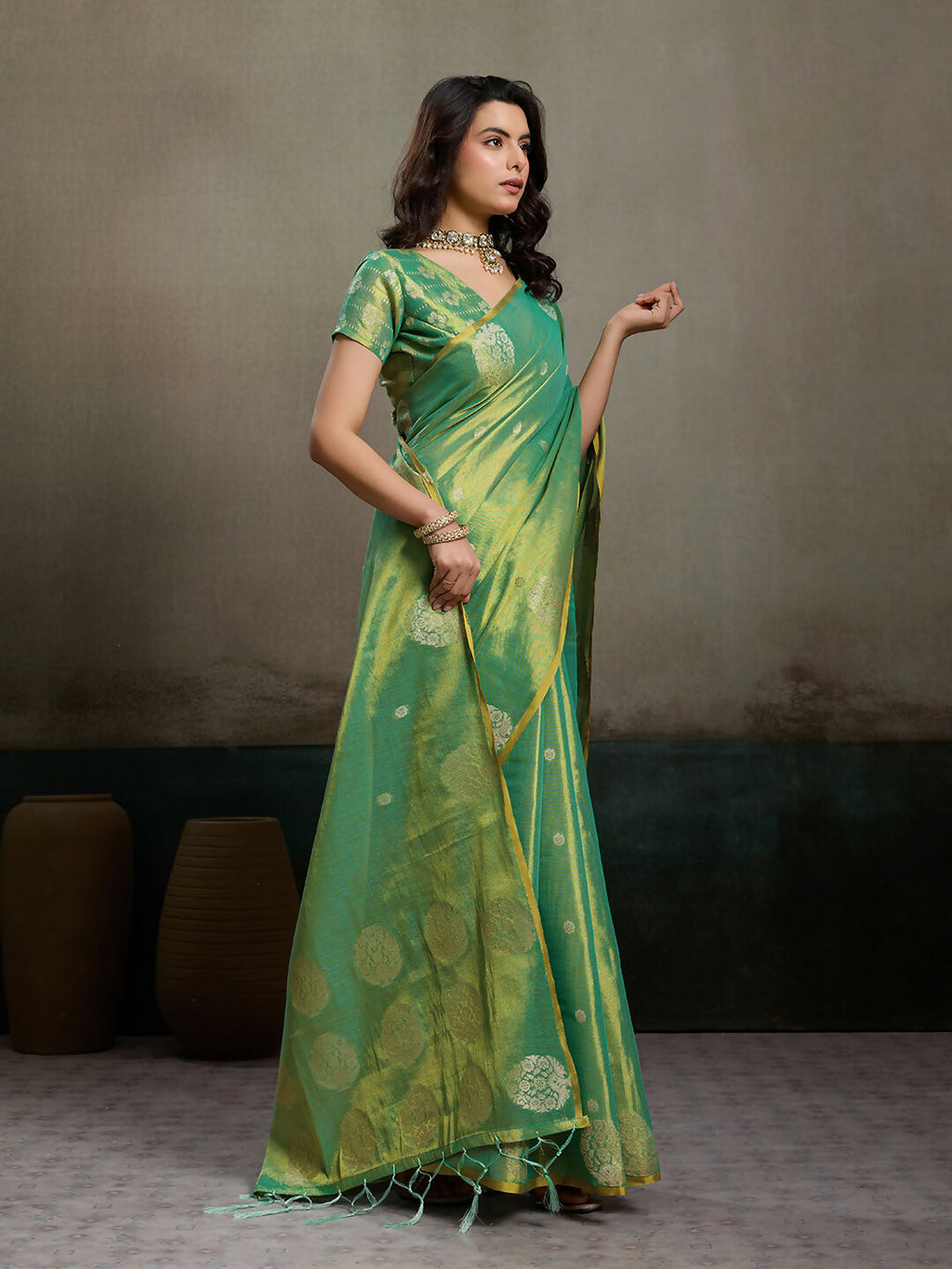 Green Tissue Silk Saree with Matching Elegant Blouse
