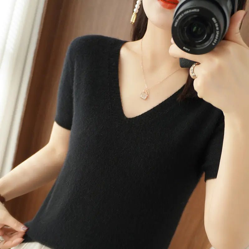 Women's Short Sleeve V-Neck Knit Sweater in Beige - Image 25