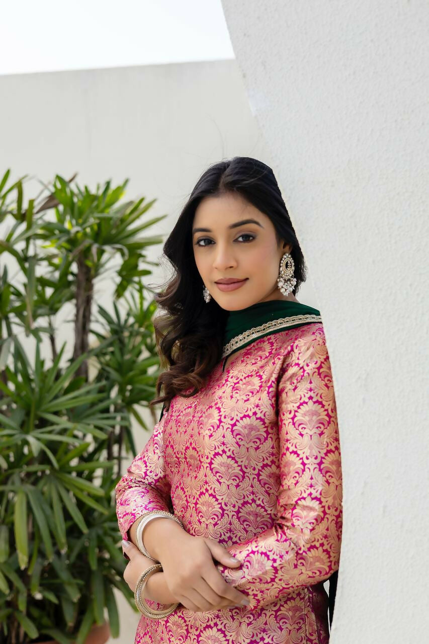Pink Jacquard Embroidered Sharara Set with Matching Kurti & Pant