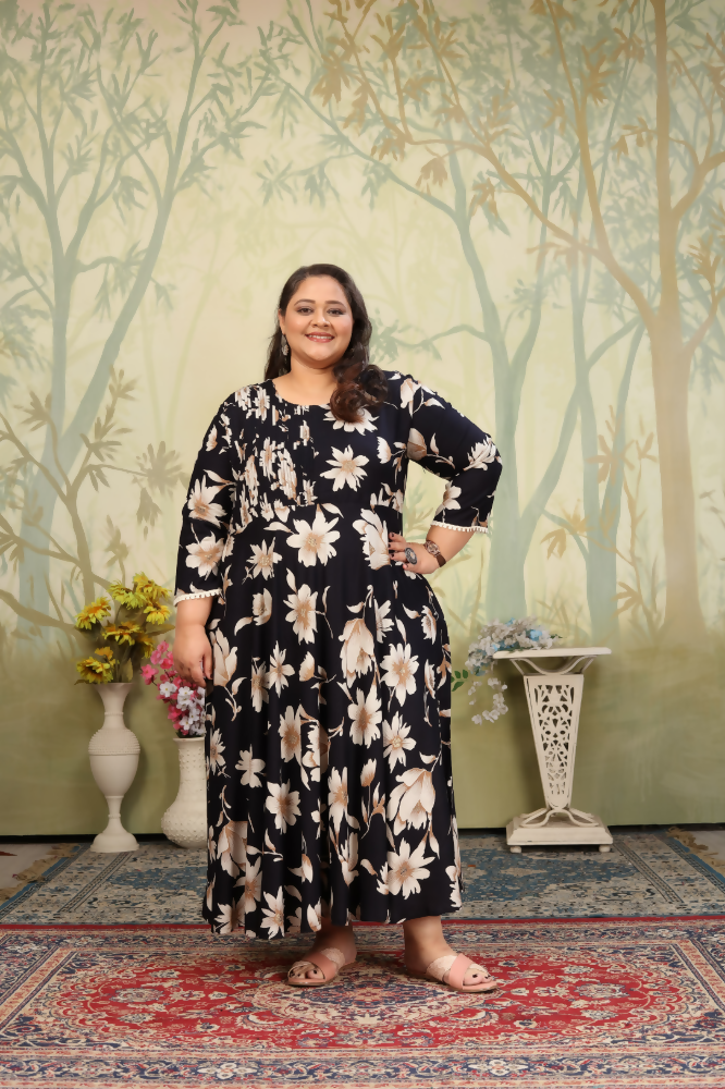 Black rayon floral print Anarkali with sequin embroidery