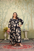 Black rayon floral print Anarkali with sequin embroidery
