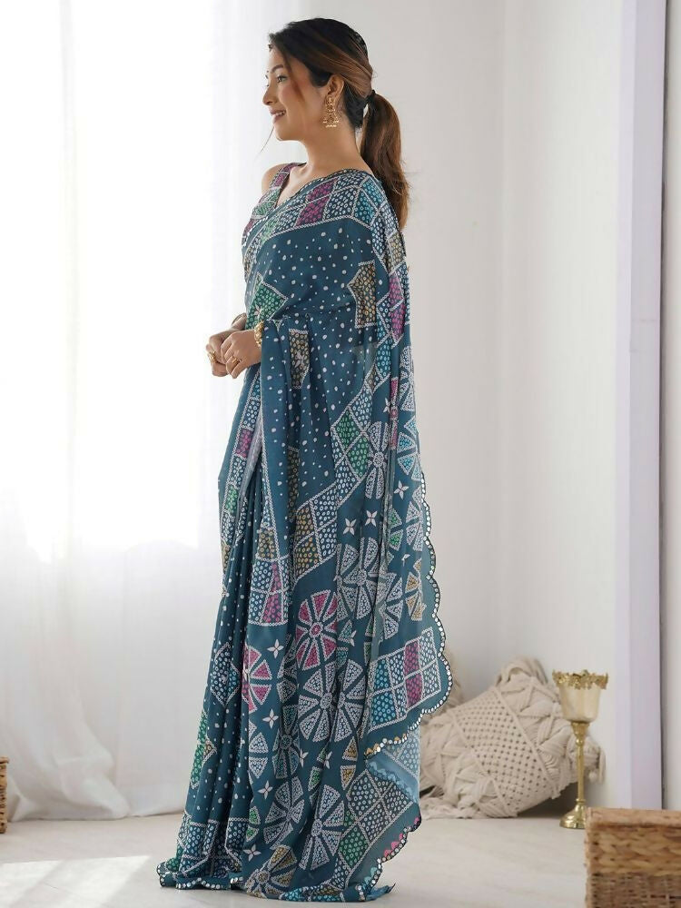 Teal Georgette Digital Print Mirror Work Saree