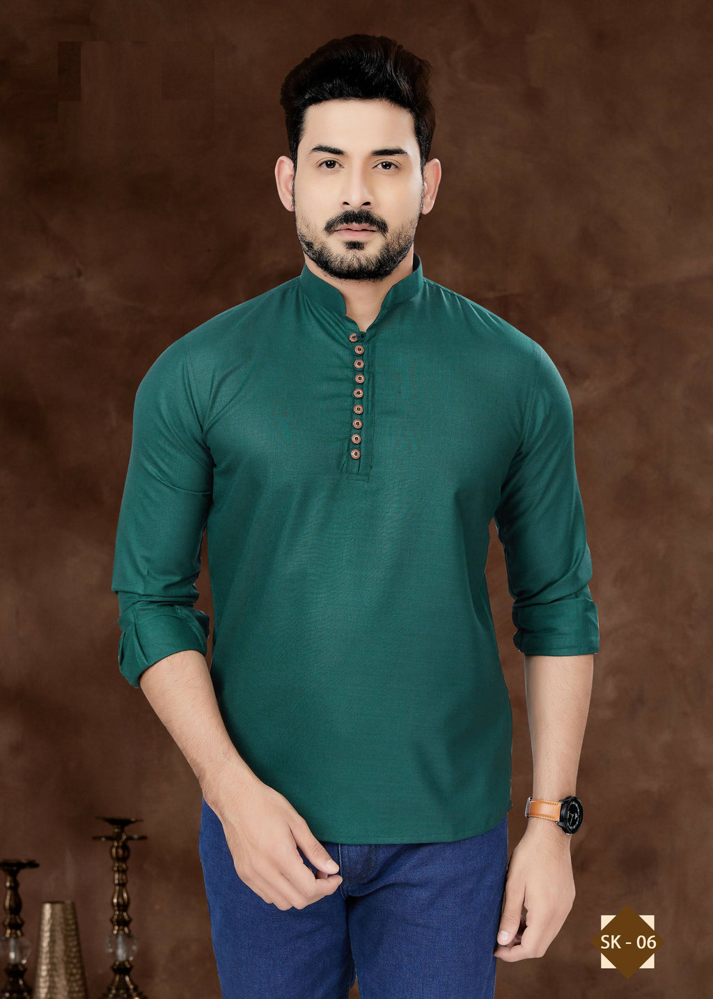 Men's Pure Cotton Green Short Kurta with Chinese Collar