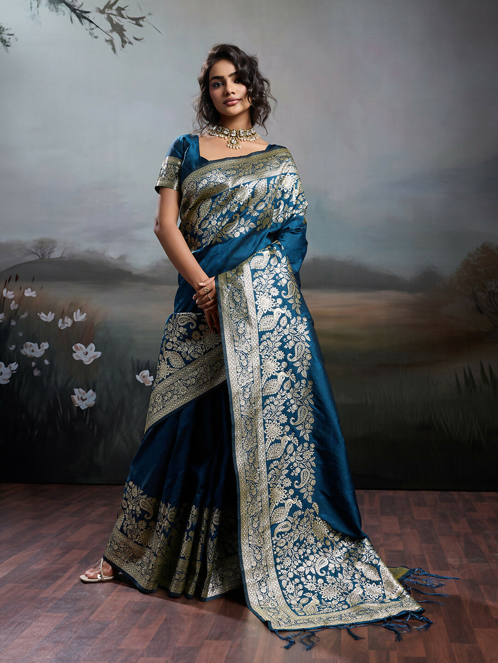Shree Shyam Fashion Navy Blue Silk Blend Saree draped elegantly with matching blouse fabric