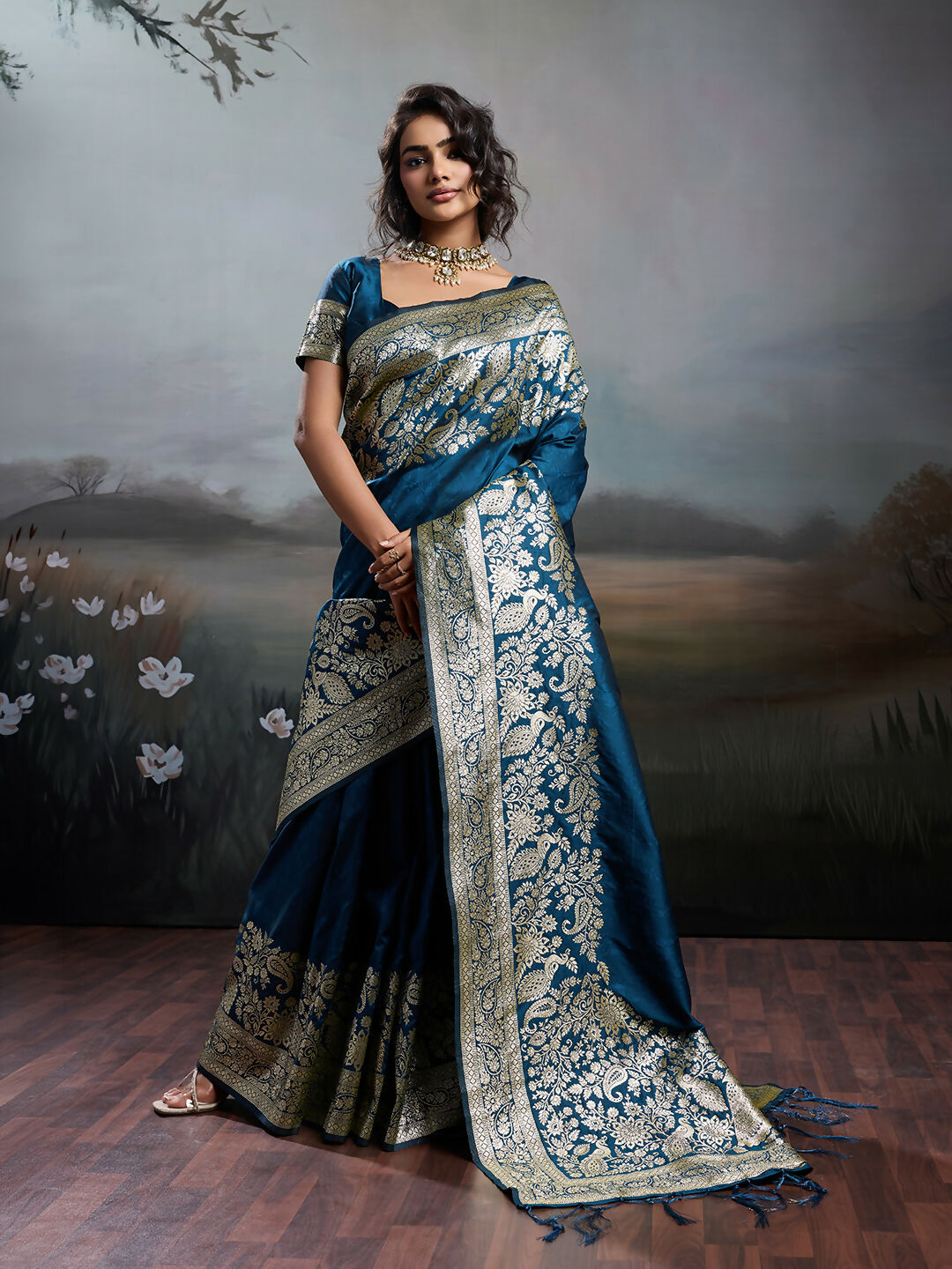 Shree Shyam Fashion Navy Blue Silk Blend Saree draped elegantly with matching blouse fabric