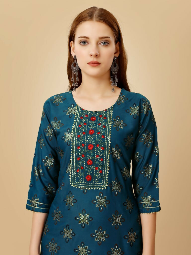 Women's Navy Blue Embroidered Straight Kurta Pant Set