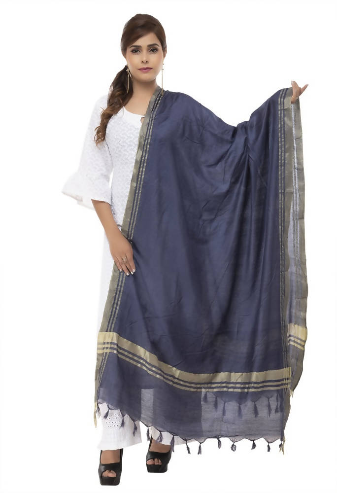 Navy blue slub cotton dupatta draped gracefully