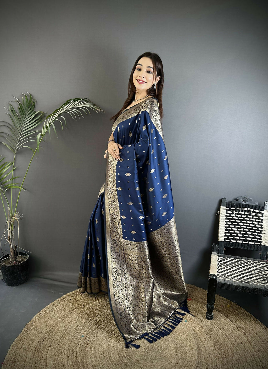 Navy Blue Lichi Silk Banarasi Saree with Zari Weaving Motifs